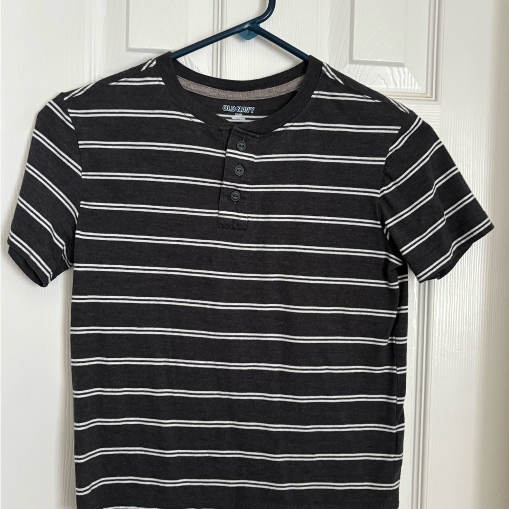 Dark grey and white Striped Short Sleeve Tee and light blue button down size8